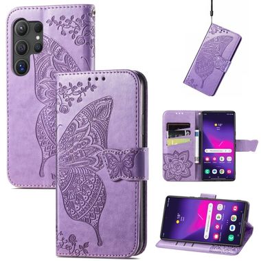 Peňaženkové kožené puzdro Butterfly Love na Samsung Galaxy S24 Ultra 5G - Svetlo fialová