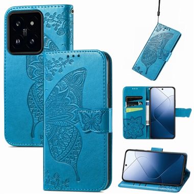 Peňaženkové kožené puzdro Butterfly Love na Xiaomi 14 Pro - Modrá