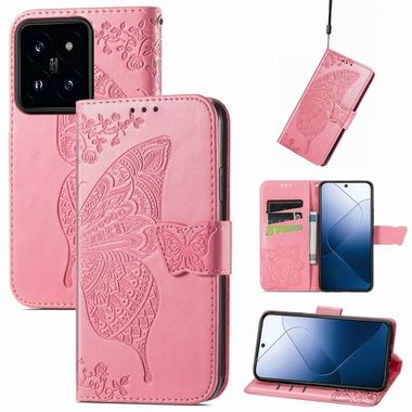 Peňaženkové kožené puzdro Butterfly Love na Xiaomi 14 Pro - Ružová