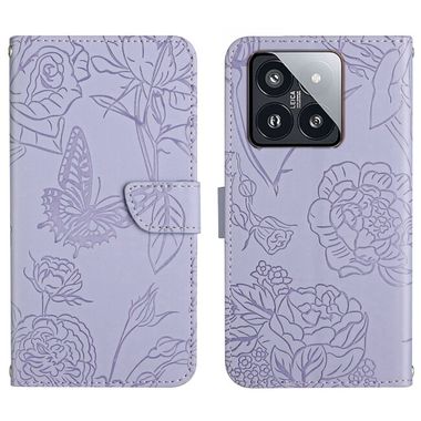 Peňaženkové kožené puzdro Butterfly na Xiaomi 14 - Fialová