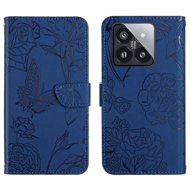 Peňaženkové kožené puzdro Butterfly na Xiaomi 14 Pro - Modrá