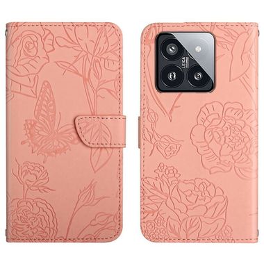 Peňaženkové kožené puzdro Butterfly na Xiaomi 14 - Ružová