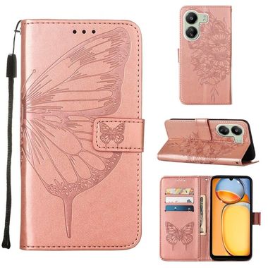 Peňaženkové kožené puzdro Butterfly na Xiaomi Redmi 13C - Ružovozlatá