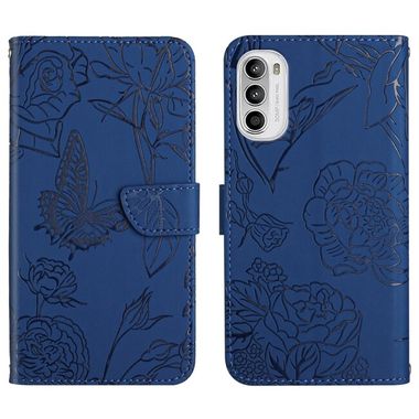 Peňaženkové kožené puzdro Butterfly Peony na Motorola Moto G52 - Modrá