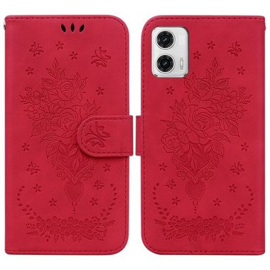 Peňaženkové kožené puzdro Butterfly Rose Embossed na Moto G73 5G - Červená