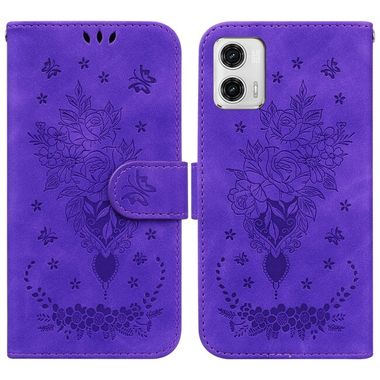 Peňaženkové kožené puzdro Butterfly Rose Embossed na Moto G73 5G - Fialová