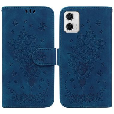 Peňaženkové kožené puzdro Butterfly Rose Embossed na Moto G73 5G - Modrá