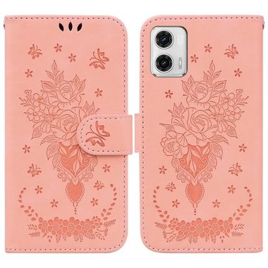 Peňaženkové kožené puzdro Butterfly Rose Embossed na Moto G73 5G - Ružová