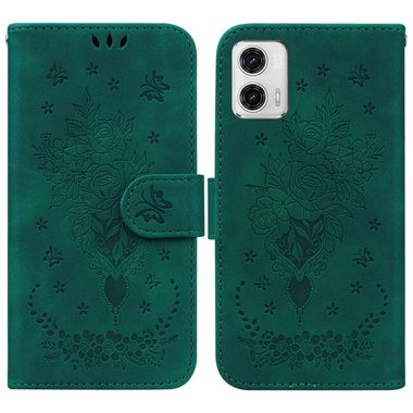 Peňaženkové kožené puzdro Butterfly Rose Embossed na Moto G73 5G - Zelená