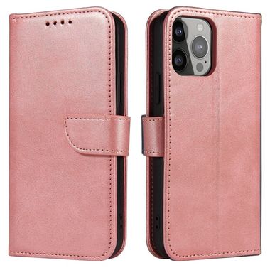 Peňaženkové kožené puzdro CALF TEXTURE na iPhone 14 Pro - Ružovozlatá