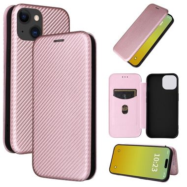 Peňaženkové kožené puzdro CARBON FIBER na iPhone 15 Plus - Ružová