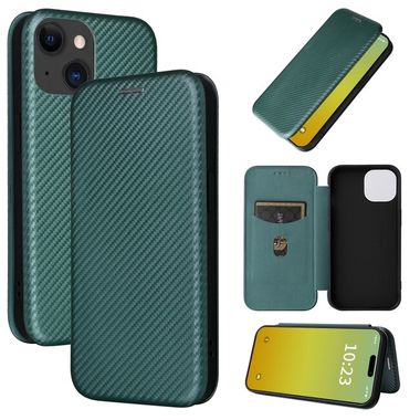 Peňaženkové kožené puzdro CARBON FIBER na iPhone 15 Plus - Zelená