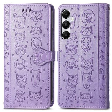 Peňaženkové kožené puzdro Cat and Dog Embossed na Galaxy A55 5G - Fialová