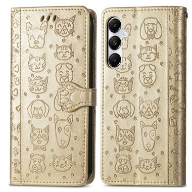 Peňaženkové kožené puzdro Cat and Dog Embossed na Galaxy A55 5G - Zlatá