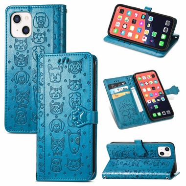 Peňaženkové kožené puzdro CAT AND DOG na iPhone 13 Mini - Modrá
