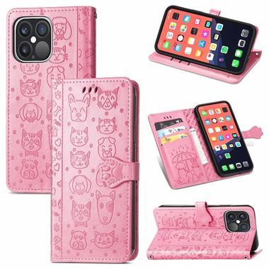 Peňaženkové kožené puzdro CAT AND DOG na iPhone 13 Pro - Ružová