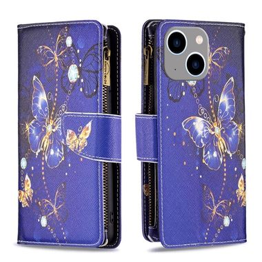 Peňaženkové kožené puzdro Colored Drawing Pattern na iPhone 15 Plus – Fialový motýľ