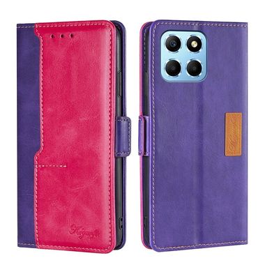 Peňaženkové kožené puzdro Contrast na Honor X8 5G/X6 - Fialová + Ružovočervená