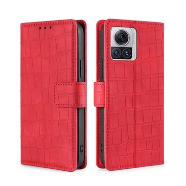 Peňaženkové kožené puzdro Crocodile na Motorola Edge 30 Ultra - Červená