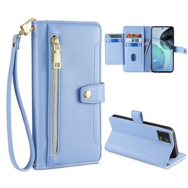 Peňaženkové kožené puzdro Cross-body Zipper na Motorola Moto G72 - Modrá