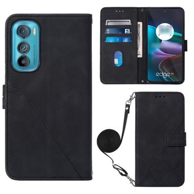 Peňaženkové kožené puzdro Crossbody Embossed na Motorola Edge 30 - Čierna