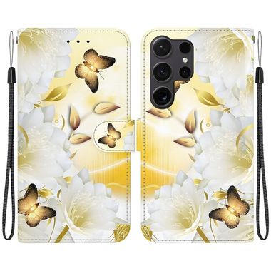 Peňaženkové kožené puzdro Crystal Drawing na Samsung Galaxy S24 Ultra 5G - Gold Butterfly Epiphyllum