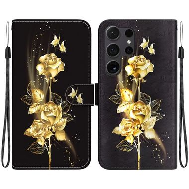 Peňaženkové kožené puzdro Crystal Drawing na Samsung Galaxy S24 Ultra 5G - Gold Butterfly Rose