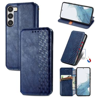 Peňaženkové kožené puzdro CUBIC GRID na Samsung Galaxy S23 Plus 5G – Modrá
