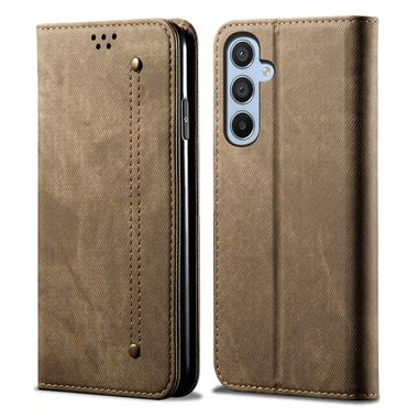 Peňaženkové kožené puzdro Denim Texture na Galaxy A35 5G - Khaki