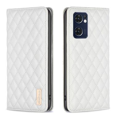 Peňaženkové kožené puzdro Diamond Lattice Flip na Oppo Reno 7 5G - Biela