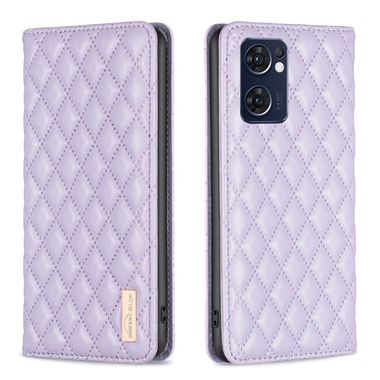 Peňaženkové kožené puzdro Diamond Lattice Flip na Oppo Reno 7 5G - Fialová