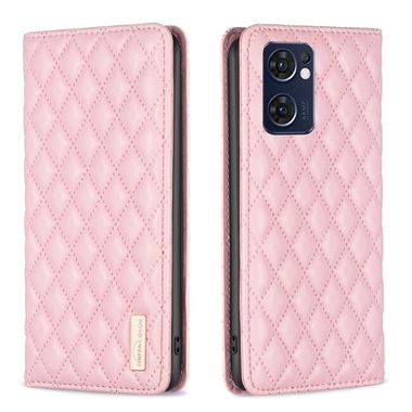 Peňaženkové kožené puzdro Diamond Lattice Flip na Oppo Reno 7 5G - Ružová