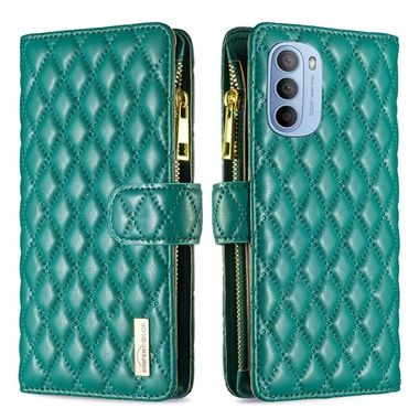 Peňaženkové kožené puzdro Diamond Lattice Zipper na Moto G31/G41 - Zelená