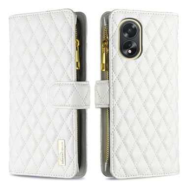 Peňaženkové kožené puzdro Diamond Lattice Zipper na Oppo A38 - Biela