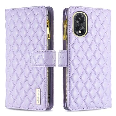 Peňaženkové kožené puzdro Diamond Lattice Zipper na Oppo A38 - Fialová