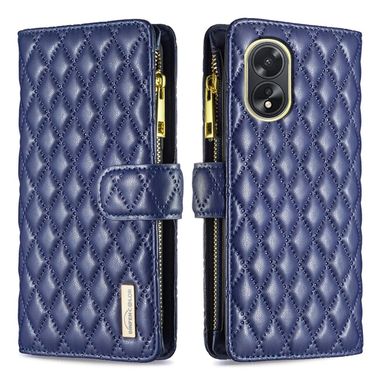 Peňaženkové kožené puzdro Diamond Lattice Zipper na Oppo A38 - Modrá