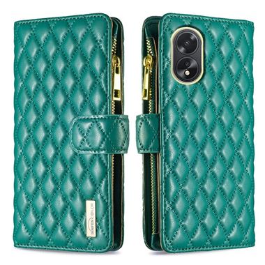 Peňaženkové kožené puzdro Diamond Lattice Zipper na Oppo A38 - Zelená