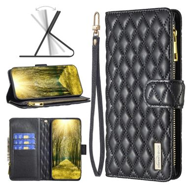 Peňaženkové kožené puzdro Diamond Lattice Zipper na Oppo Reno 7 5G - Čierna