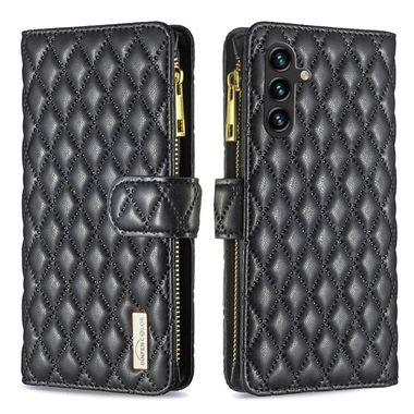 Peňaženkové kožené puzdro Diamond Lattice Zipper na Samsung Galaxy A05s - Čierna