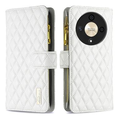 Peňaženkové kožené puzdro Diamond Zipper na Honor Magic6 Lite - Biela