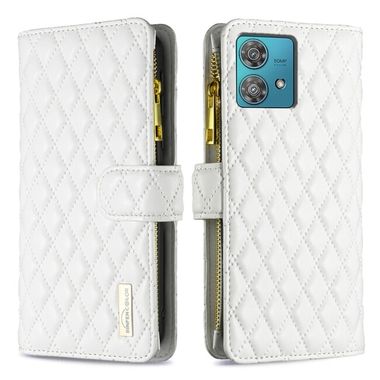 Peňaženkové kožené puzdro Diamond Zipper na Motorola Edge 40 Neo - Biela