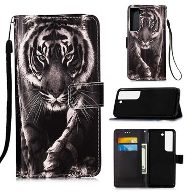 Peňaženkové kožené puzdro DRAWING na Samsung Galaxy S22 5G - Black White Tiger