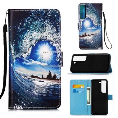 Peňaženkové kožené puzdro DRAWING na Samsung Galaxy S22 5G - Ocean Waves and Sun