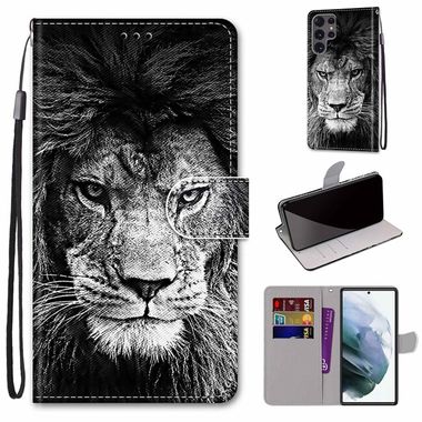 Peňaženkové kožené puzdro DRAWING na Samsung Galaxy S22 Ultra 5G - Black and White Lion Head