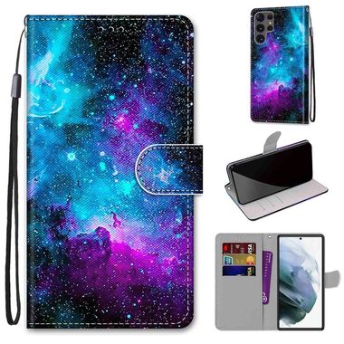 Peňaženkové kožené puzdro DRAWING na Samsung Galaxy S22 Ultra 5G - Purple Green Starry Sky
