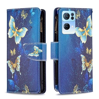 Peňaženkové kožené puzdro Drawing Zipper na Oppo Reno 7 5G - Gold Butterfly