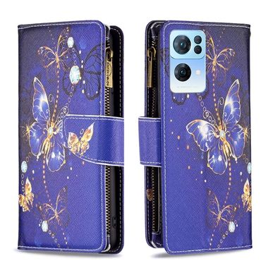 Peňaženkové kožené puzdro Drawing Zipper na Oppo Reno 7 5G - Purple Butterfly