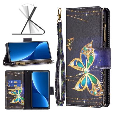 Peňaženkové kožené puzdro DRAWING Zipper na Xiaomi 12 Pro - Big Butterfly