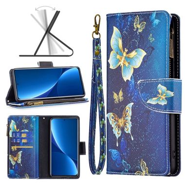 Peňaženkové kožené puzdro DRAWING Zipper na Xiaomi 12 Pro - Gold Butterfly