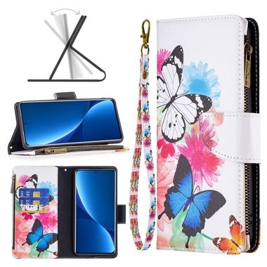 Peňaženkové kožené puzdro DRAWING Zipper na Xiaomi 12 Pro - Two Butterflies